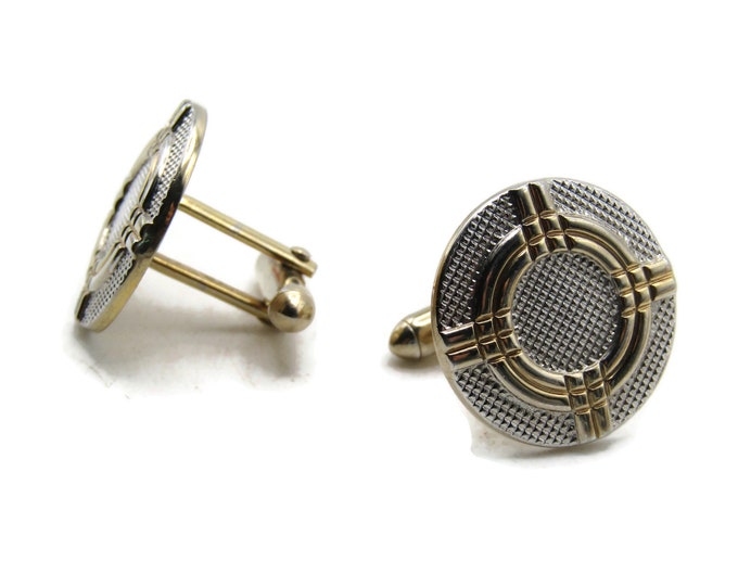 Textured Round Geometric Pattern Cuff Links Men's Jewelry Silver And Gold Tone