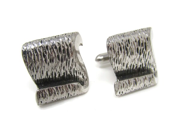 Vintage Silver Tone Cufflinks: Wood Texture Scrol… - image 2