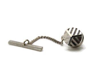 Round Etched Line Design Tie Pin And Chain Men's Jewelry Silver Tone