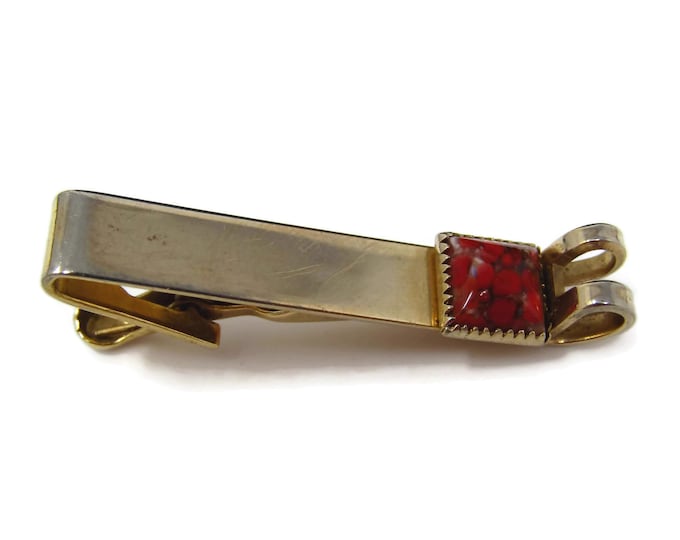 Vintage Tie Clip Tie Bar: Red Accent Loop Tips Gold Tone