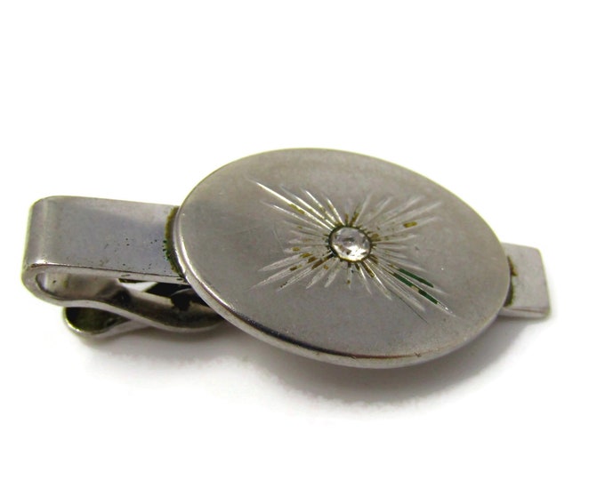 Vintage Tie Clip Bar for Men: Clear Jewel Burst Middle Silver Tone Design