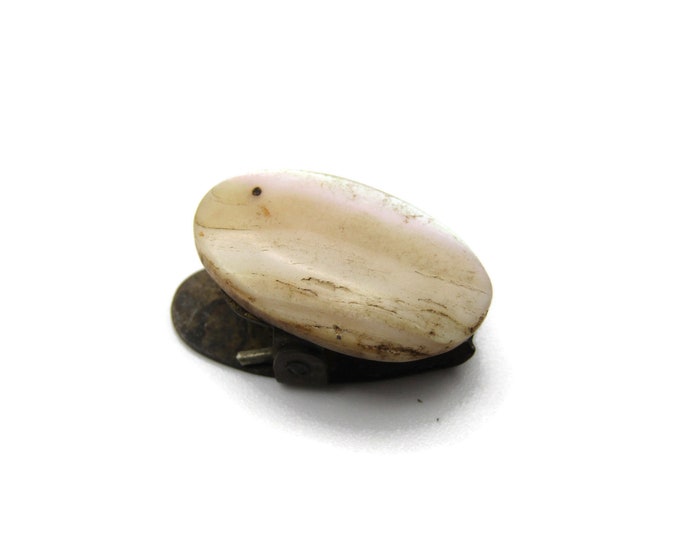 Oval Mother of Pearl Vintage Silver Tone Tie Clip Industrial Tie Bar Men's Jewelry