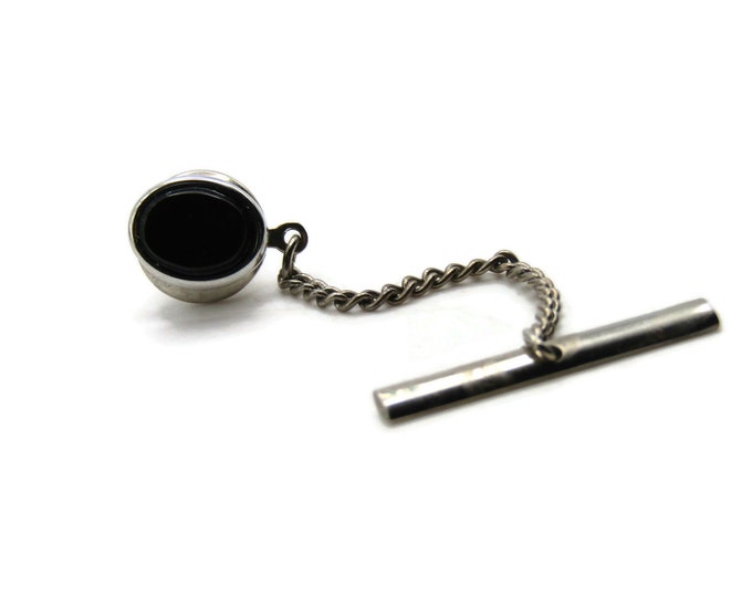 Oval Black Stone Inlay Tie Pin And Chain Men's Jewelry Silver Tone