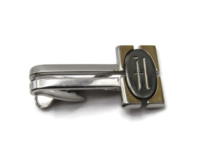 H Letter Monogram Silver & Gold Tone Retro Industrial Style Tie Clip Tie Bar Men's Jewelry