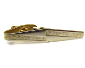 Vintage Tie Clip Bar for Men: Textured Lines Art Deco Shape Gold Tone