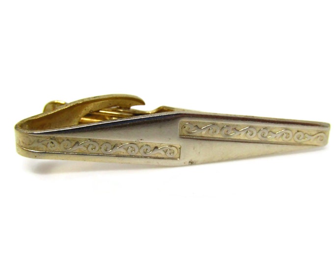 Vintage Tie Clip Bar for Men: Textured Lines Art Deco Shape Gold Tone