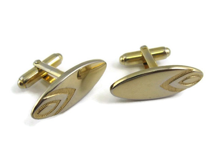 Vintage Cufflinks for Men: Elongated Oval Etched Modernist Design Gold Tone