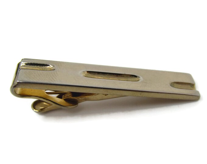 Vintage Tie Bar Clip: Modernist Oval Grooves Design Faded Gold Tone