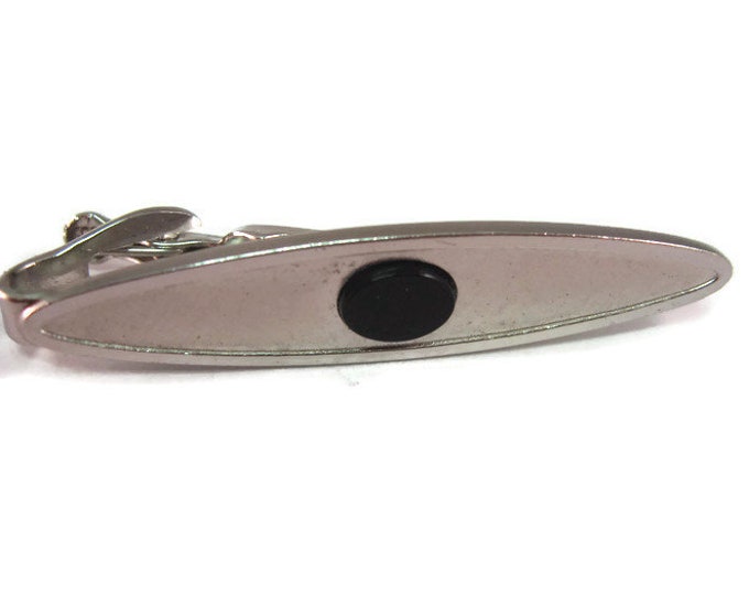 Vintage Men's Tie Bar Clip Jewelry: Classic Black Center Accent Textured Silver Tone Long Oval by Dante