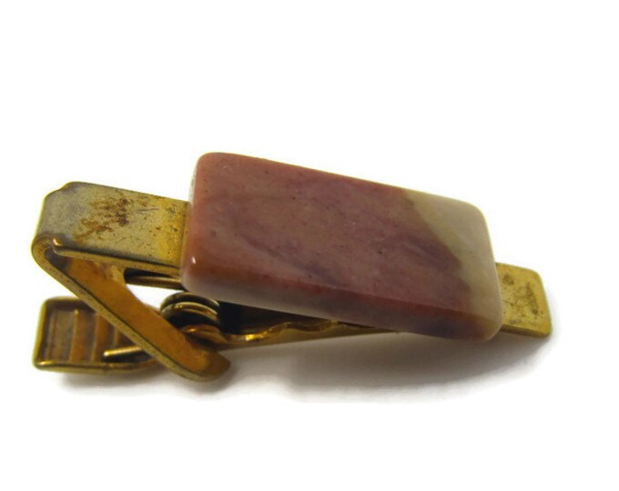 Polished Stone Tie Clip Vintage Tie Bar: Gold Tone Body