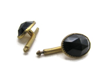 Oval Black Stone Triangle Cut Pattern Cuff Links Men's Jewelry Gold Tone