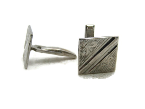 Diagonal Line & Motif Cuff Links Silver Tone Men'… - image 1