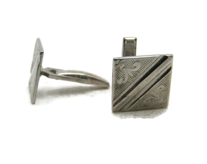 Diagonal Line & Motif Cuff Links Silver Tone Men's Jewelry