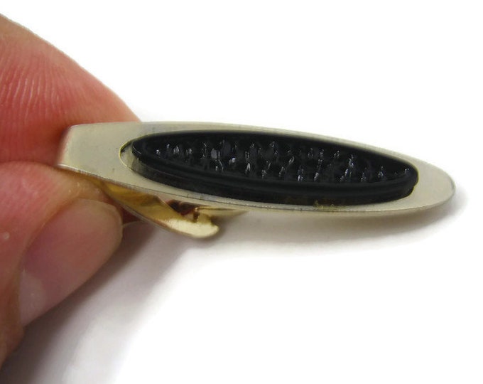 Textured Black Center Tie Clip Vintage Tie Bar: Gold Tone Body