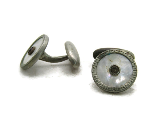 Mother Of Pearl Rhinestone Inlay Circle Cuff Links Silver Tone Men's Jewelry