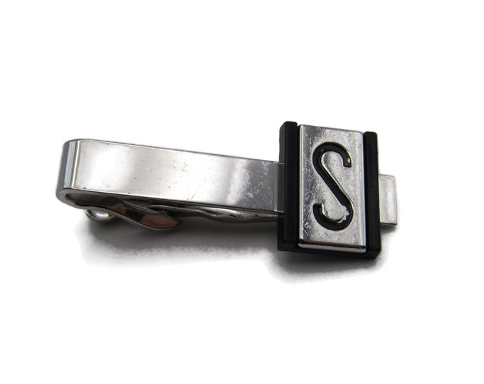 S Letter Initial Monogram Silver Tone Tie Bar Silver Tone and Black Tie Bar Men's Jewelry