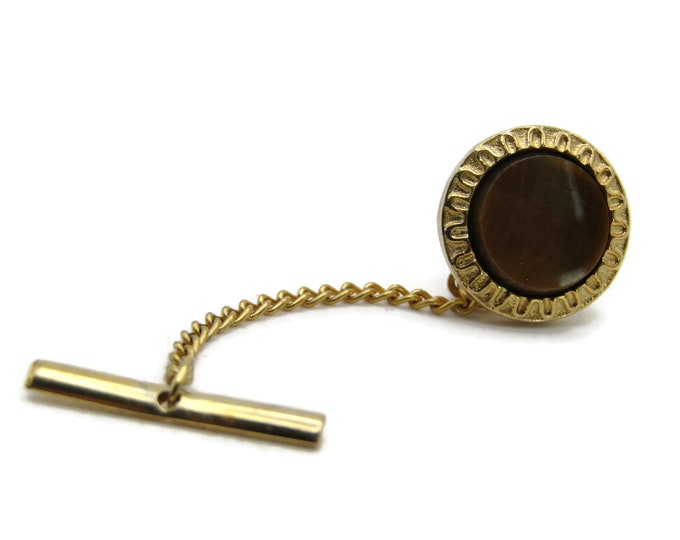 Brown Stone Textured Circle Tie Lapel Pin & Chain Gold Tone Men's Jewelry