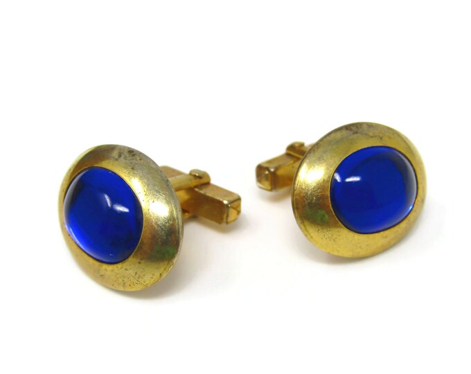 Blue Center Cuff Links Cufflinks for Men Vintage Translucent Gold Tone Design
