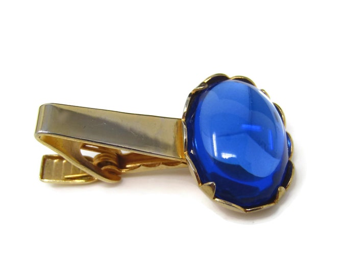 Vintage Tie Clip Tie Bar: Beautiful Large Blue Glass Accent Gold Tone Design