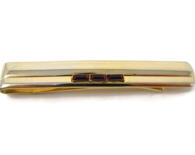 Vintage Tie Clip Tie Bar: Triple Red Jewel Stunning Gold Tone Nice Quality