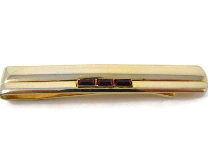 Vintage Tie Clip Tie Bar: Triple Red Jewel Stunning Gold Tone Nice Quality