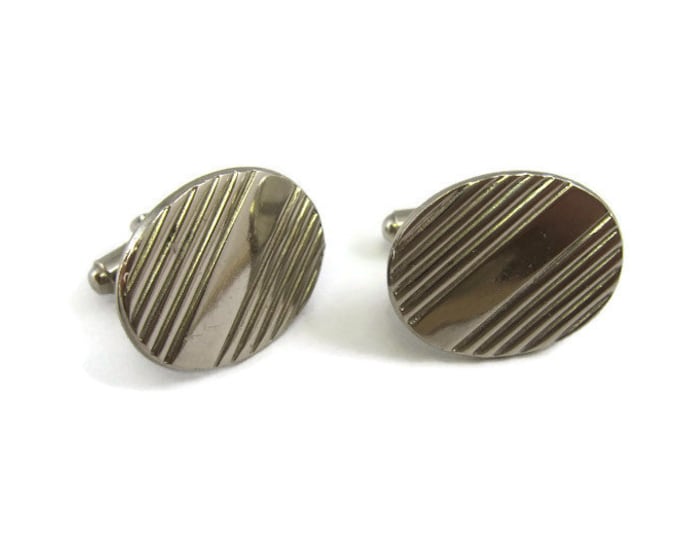 Grooved Diagonal Cuts Silver Tone Oval Vintage Men's Cufflinks Jewelry