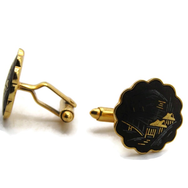 Houses And Bridge Scene Cuff Links Scalopped Edge Men's Jewelry Black & Gold Tone