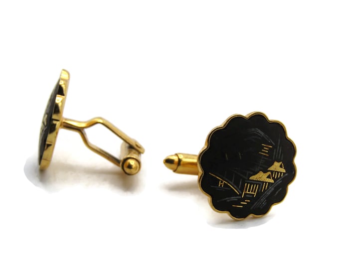 Houses And Bridge Scene Cuff Links Scalopped Edge Men's Jewelry Black & Gold Tone