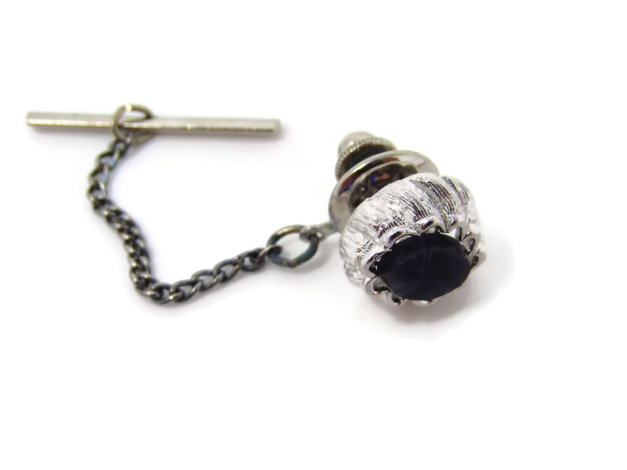 Vintage Tie Tack Tie Pin Black Center Silver Tone Beautiful Setting