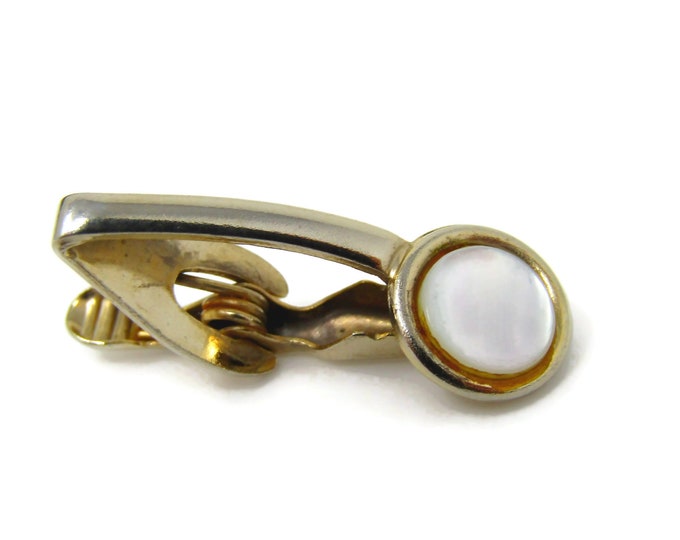 Curved Tie Clip Men's Vintage Tie Bar Mother of Pearl Accent Gold Tone Body