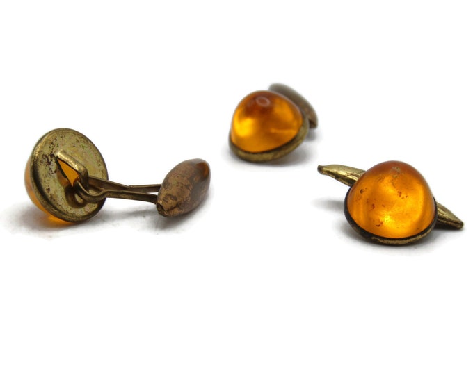 Orange Stone Inlay Cuff Links Set Of Three Gold Tone Men's Jewelry