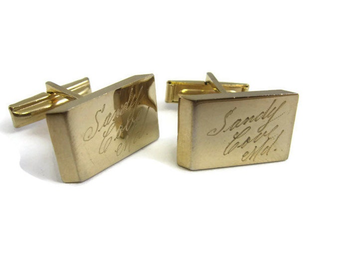 Vintage Cufflinks for Men: Souvenir SANDY COVE MARYLAND Etched Gold Tone Rectangle Design
