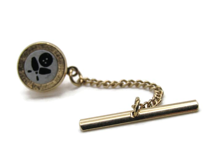 Bowling Ball And  Pins Round Tie Pin And chain Men's Jewelry White Black And Gold Tone