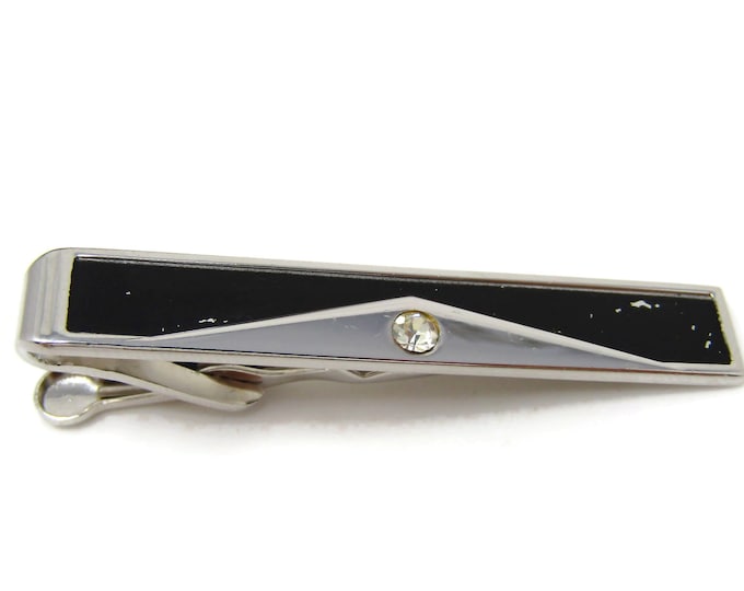 Clear Jewel & Black Silver Tone Tie Clip Men's Vintage Tie Bar Nice Design Gift for Boyfriend