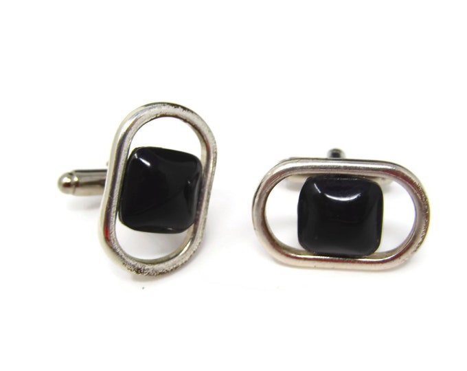 Vintage Cufflinks for Men: Modernist Black Center Open Design Silver Tone