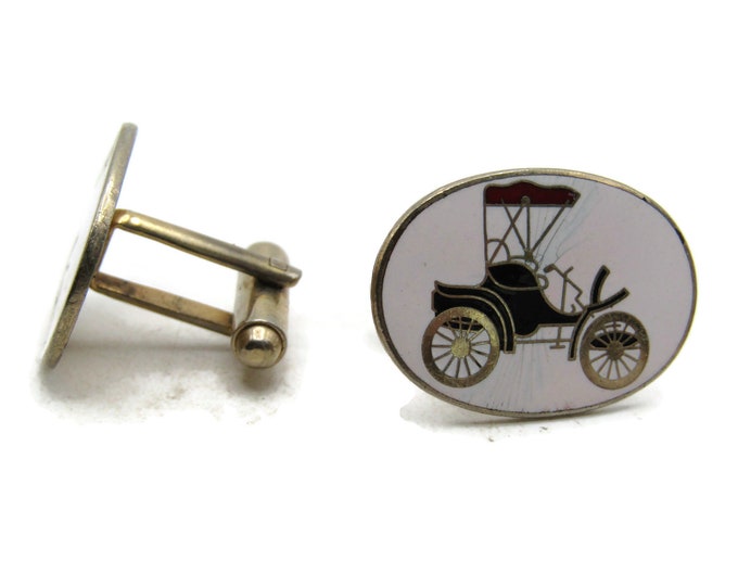 Vintage Carriage Car Cuff Links White Background Gold Tone Men's Jewelry