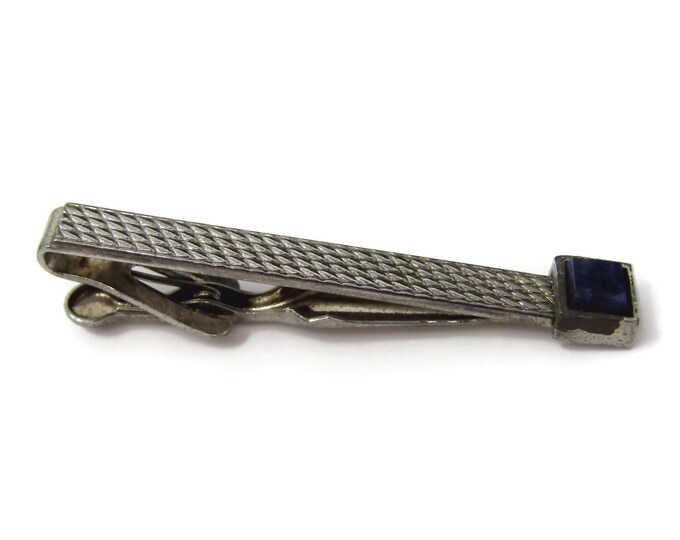 Vintage Tie Clip Tie Bar: Textured Silver Tone Body Blue Stone Accent