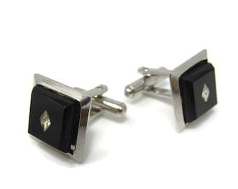 Vintage Silver Tone Cufflinks: Black Jewel Setting
