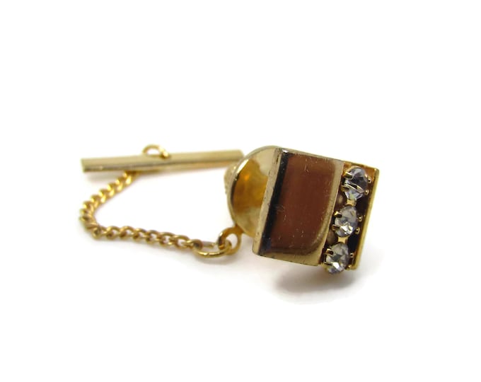 Vintage Tie Tack Tie Pin: Triple Clear Jewel Gold Tone Setting