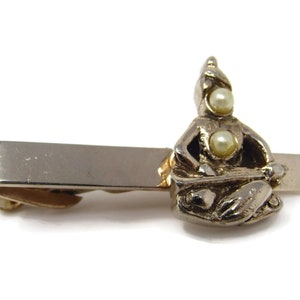 Vintage Tie Clip Tie Bar: Buddha Sitting Faux Pearls Sitar Playing Design