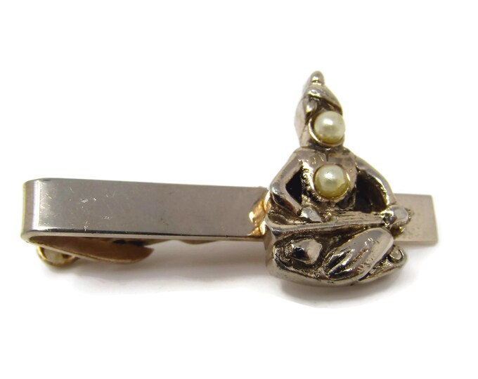 Vintage Tie Clip Tie Bar: Buddha Sitting Faux Pearls Sitar Playing Design