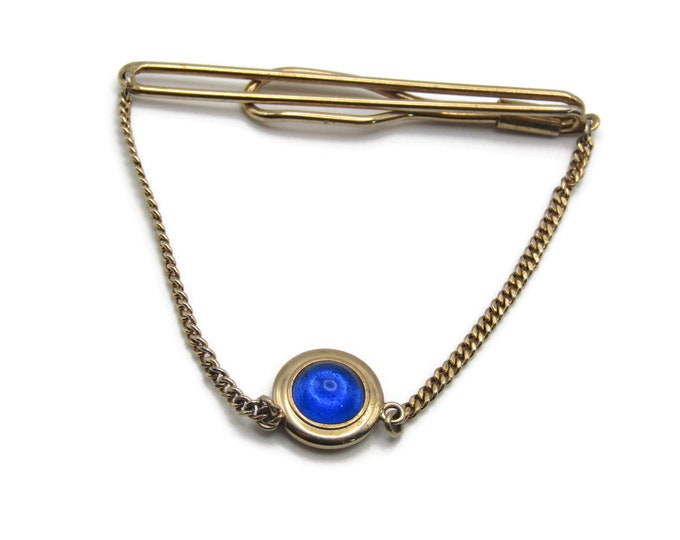 Blue Stone Inlay Tie Chain Tie Clip Gold Tone Tie Bar Men's Jewelry