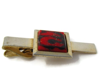 Red Black Center Tie Clip Men's Vintage Gold Tone