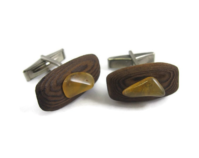 Grained Wood Orange Stone Accent Vintage Men's Cufflinks Jewelry