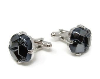 Vintage Hematite Cufflinks: Chunky Silver Tone Men's Jewelry