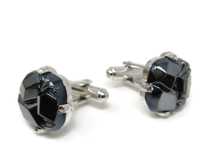 Chunky Hematite Cufflinks Silver Tone Vintage Men's Jewelry Beautiful Design