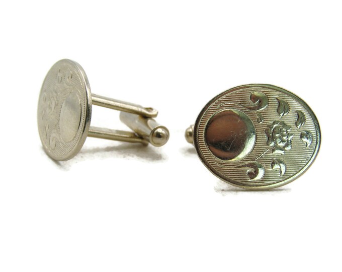 Floral and Circle Motif Cuff Links Oval Shape Etched Silver Tone Men's Jewelry