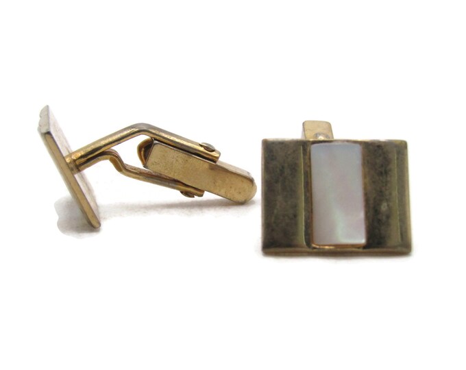 Mother Of Pearl Inlay Rectangle Cuff Links Gold Tone Men's Jewelry