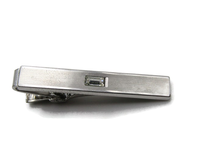 Clear Rhinestone Center Brushed Finish Classic Design Silver Tone Tie Clip Tie Bar Men's Jewelry