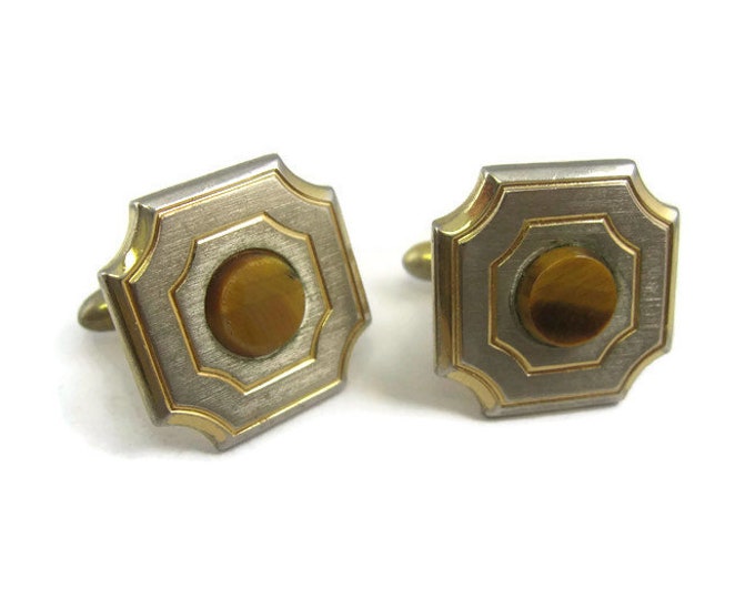 Vintage Cufflinks for Men: Tigers Eye Circle Center Indented Corners Silver Tone Square Gold Tone Accents
